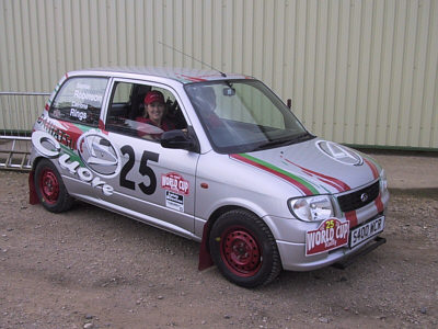 A Daihatsu Cuore driven by the all-female team of driver Sophie Robinson and 